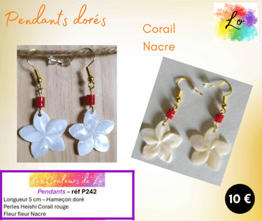 Boucles pendants dorés Corail rouge fleur Nacre Les Couleurs de Lo