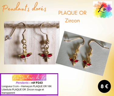 Boucles pendants Plaqué or libellule Zircon rouge Les Couleurs de Lo
