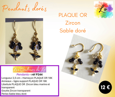 Boucles pendants Plaqué or Zircon Sable doré libellule Zircon bleu marine Les Couleurs de Lo