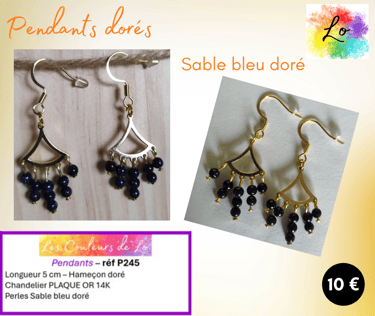 Boucles pendants dorés chandelier Plaqué or Sable bleu doré Les Couleurs de Lo