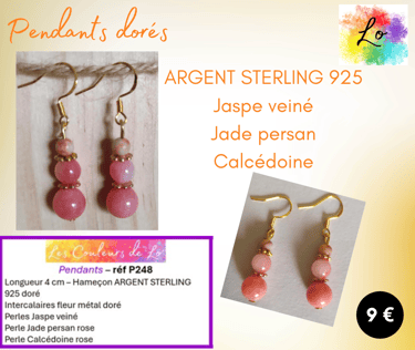 Boucles pendants Argent Sterling 925 doré Jaspe veiné Jade persan Calcédoine Les Couleurs de Lo