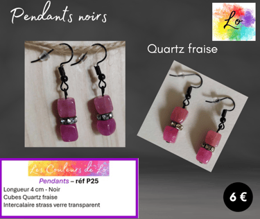 Boucles pendants noirs Quartz fraise strass Les Couleurs de Lo