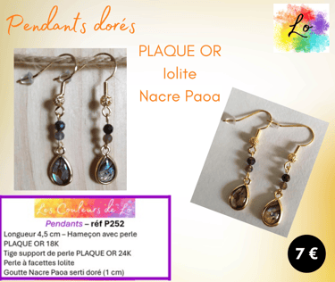 Boucles pendants Plaqué or Iolite Nacre Paoa Les Couleurs de Lo