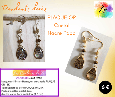 Boucles pendants Plaqué or Cristal doré Nacre Paoa Les Couleurs de Lo