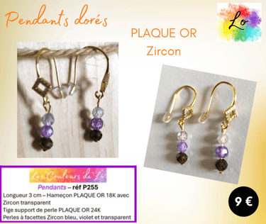 Boucles pendants Plaqué or Zircon transparent bleu violet Les Couleurs de Lo