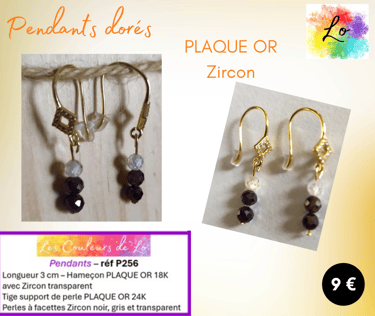 Boucles pendants Plaqué or Zircon transparent gris noir Les Couleurs de Lo