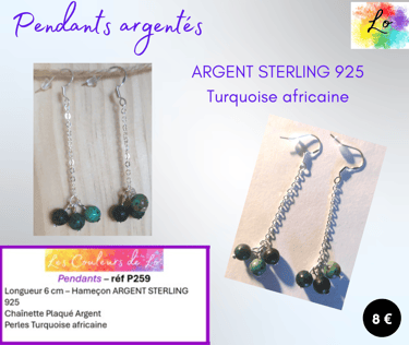 Boucles pendants Argent Sterling Turquoise africaine Les Couleurs de Lo