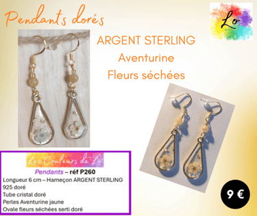 Boucles pendants Argent Sterling doré Aventurine fleurs séchées Les Couleurs de Lo