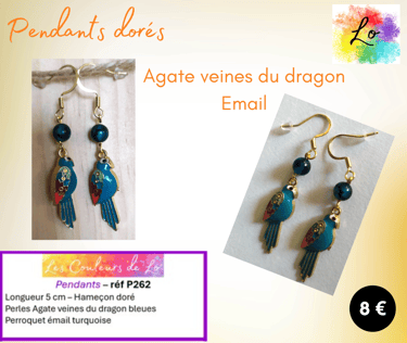 Boucles pendants dorés Agate veines du dragon perroquet émail turquoise Les Couleurs de Lo