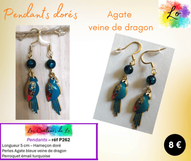 Boucles pendants dorés Agate bleue veine de dragon perroquet émail turquoise Les Couleurs de Lo
