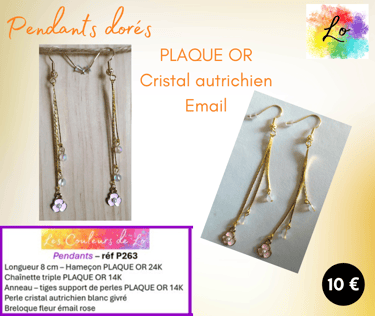 Boucles pendants Plaqué or cristal autrichien blanc fleur émail rose Les Couleurs de Lo