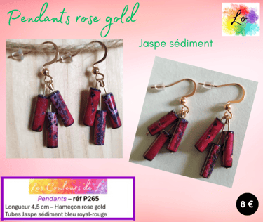 Boucles pendants rose gold Jaspe sédiment bleu royal-rouge Les Couleurs de Lo