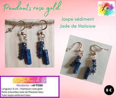 Boucles pendants rose gold Jaspe sédiment bleu Jade de Malaisie bleu Les Couleurs de Lo