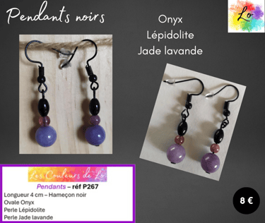 Boucles pendants noirs Onyx Lépidolite Jade lavande Les Couleurs de Lo