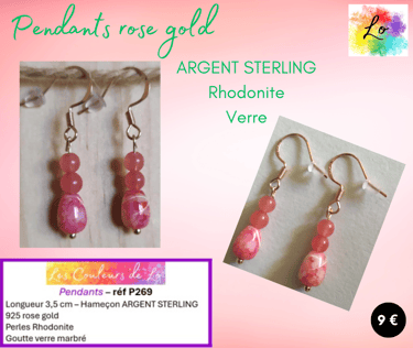 Boucles pendants rose gold Rhodonite verre marbré Les Couleurs de Lo