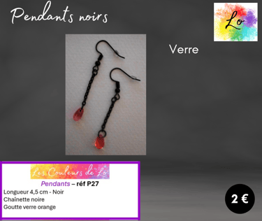 Boucles pendants noirs chaînette verre orange Les Couleurs de Lo