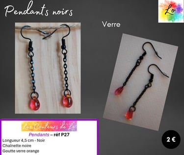 Pendants chaînette noire goutte verre orange Les Couleurs de Lo