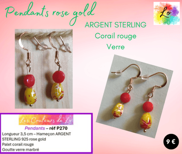 Boucles pendants rose gold Corail rouge verre marbré Les Couleurs de Lo