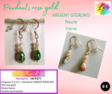 Boucles pendants rose gold Nacre verre marbré Les Couleurs de Lo