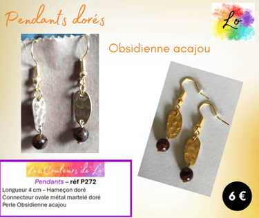 Boucles pendants dorés Obsidienne acajou Les Couleurs de Lo
