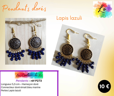 Boucles pendants dorés connecteur émail bleu marine Lapis lazuli Les Couleurs de Lo