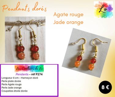 Boucles pendants dorés Agate rouge Jade orange Les Couleurs de Lo