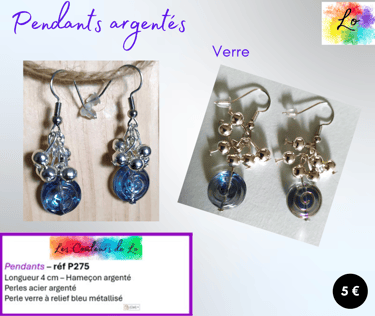Boucles pendants argentés perles métal argenté verre à reliefs métallisé Les Couleurs de Lo