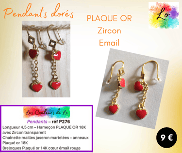 Boucles pendants Plaqué or chaînette cœur émail rouge Les Couleurs de Lo