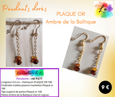 Boucles pendants Plaqué or chaînette Ambre de la Baltique Les Couleurs de Lo