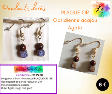 Boucles pendants Plaqué or Obsidienne acajou Agate rouge mat givré Les Couleurs de Lo