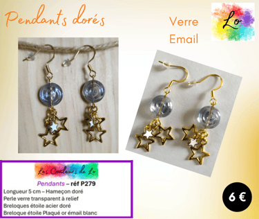 Pendants dorés verre à relief breloques étoile acier étoile émail blanc Les Couleurs de Lo