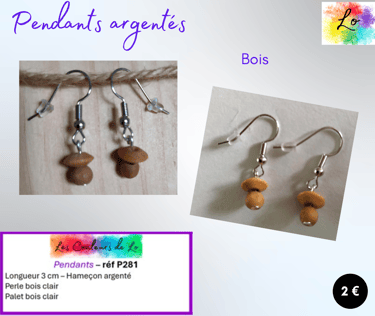 Boucles pendants argentés bois clair Les Couleurs de Lo