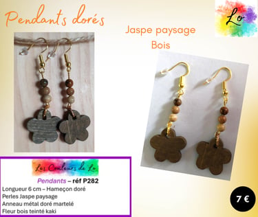 Boucles pendants dorés Jaspe paysage fleur bois teinté Les Couleurs de Lo