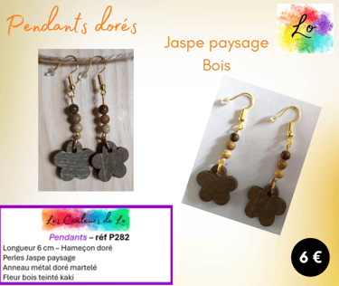 Boucles pendants dorés Jaspe paysage fleur bois teinté Les Couleurs de Lo