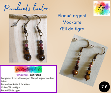 Boucles pendants Plaqué argent Mookaïte Œil de tigre Les Couleurs de Lo