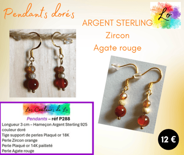 Boucles pendants Argent Sterling Zircon Agate rouge Les Couleurs de Lo