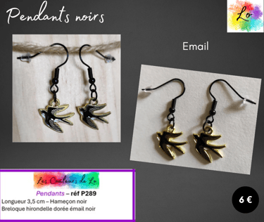 Boucles pendants noirs hirondelle émail noir Les Couleurs de Lo