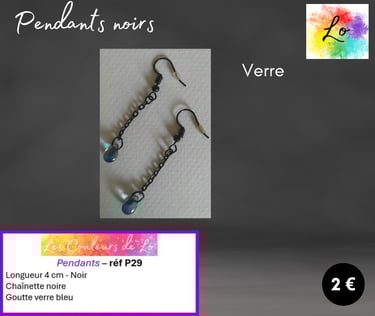 Boucles pendants noirs chaînette verre bleu Les Couleurs de Lo