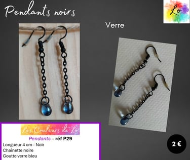 Boucles pendants noirs chaînette verre bleu Les Couleurs de Lo