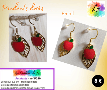 Boucles pendants dorés feuille métal doré pomme émail Les Couleurs de Lo
