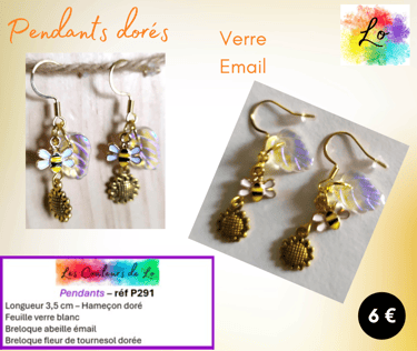 Boucles pendants dorés feuille verre transparent abeille émail tournesol doré Les Couleurs de Lo
