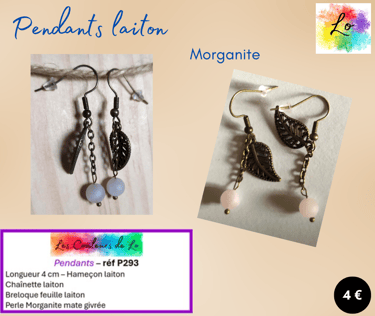 Boucles pendants laiton breloque feuille chaînette Morganite Les Couleurs de Lo