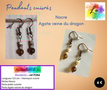 Boucles pendants cuivrés Nacre Agate veines du dragon Les Couleurs de Lo