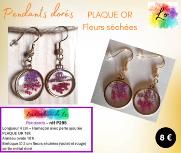 Boucles pendants Plaqué or fleurs séchées violet rouge Les Couleurs de Lo