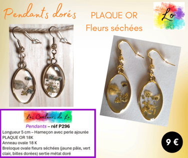 Boucles pendants Plaqué or fleurs séchées jaune vert Les Couleurs de Lo