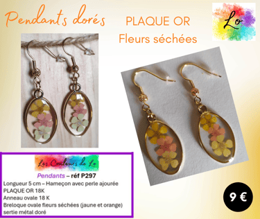 Boucles pendants Plaqué or fleurs séchées jaune orange Les Couleurs de Lo