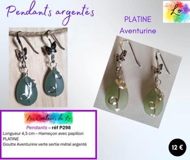 Boucles pendants Platine papillon Aventurine verte Les Couleurs de Lo