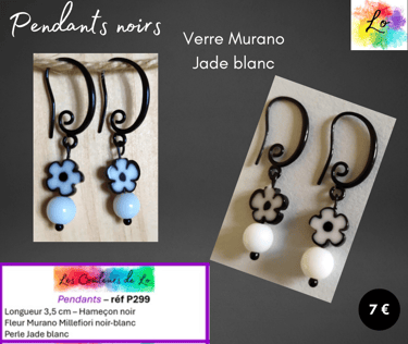 Boucles pendants noirs fleur Murano blanche Jade blanc Les Couleurs de Lo