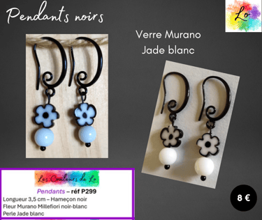 Boucles pendants noirs fleur Murano blanche Jade blanc Les Couleurs de Lo