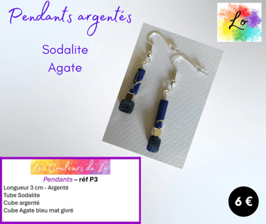 Boucles pendants argentés Sodalite Agate Les Couleurs de Lo